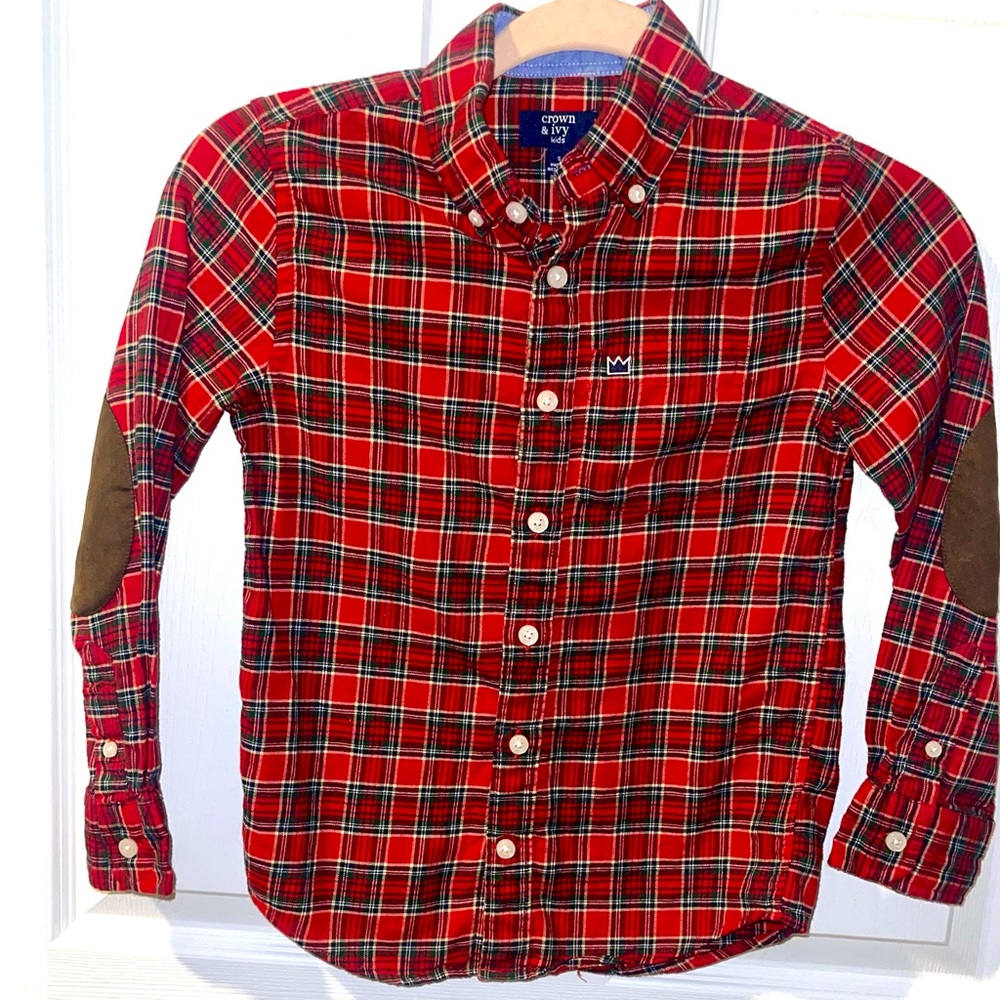 Crown and Ivy kids boys small red plaid flannel button down elbow patch